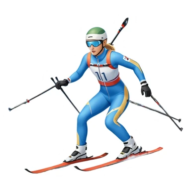An icon featuring a biathlete in motion, holding a rifle and skiing across a snowy course. The backdrop includes snow-covered trees, distant mountains, and a clear blue sky. Transparent background highlights the precision, endurance, and excitement of biathlon. sticker