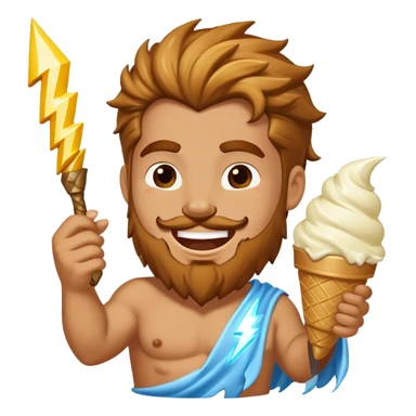 Zeus in vest smiling eating white ice cream holding lightning bolt sticker