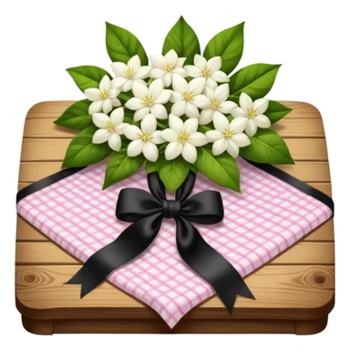 A lush bouquet of white color Jasmin black satin ribbon, resting on an antique wooden table, with a pale yellow and pink plaid pattern table cloth sticker