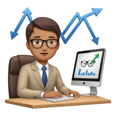 A person sitting at a desk working on a computer with upward arrows and percentage signs, suggesting digital sales, marketing, or outreach. sticker