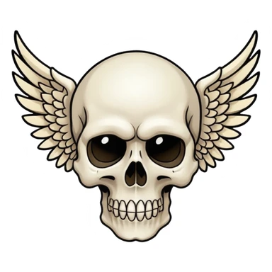 Create an emoji depicting a skull with wings, This image should be rendered in a bold, graphic novel style, capturing the raw intensity and artistry synonymous with Avenged Sevenfold.  sticker