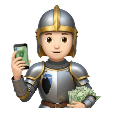 Knight with helmet holding phone and money sticker