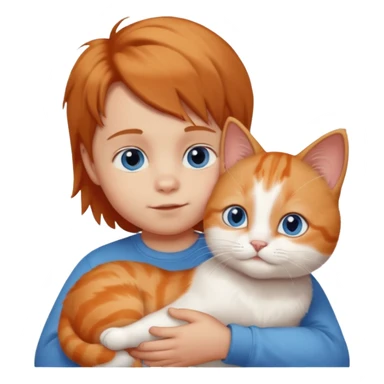 Baby boy with light brown hair and big blue eyes with one eyelashes, petting a fluffy orange and white cat sticker