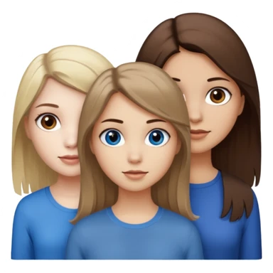 a trio of people where one girl in the back has white skin, brown hair, and brown eyes; another girl in the back has white skin, dirty blonde hair, and blue eyes; and the girl in the front has tan skin, dark brown hair and dark brown eyes. sticker