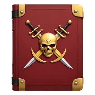 A dark crimson red book with black and gold details, a rugged leather texture, and an emblem of crossed swords, a knight chess piece, or a battle flag, radiating strategy, discipline, and the art of power sticker