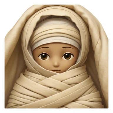 A snug, cozily wrapped mummy, fully encased in soft, slightly loose bandages, even its face gently hidden behind folds with only a tiny glimpse of sleepy eyes, nestled in warm, faded tones with gentle golden accents, simplified yet irresistibly charming, highly detailed with a soft glowing outline capturing the peaceful aura of an ancient being drifting into rest! sticker
