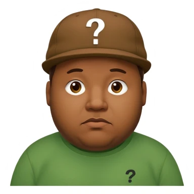 fat man with brown cap and green t shirt printeed a question mark sticker