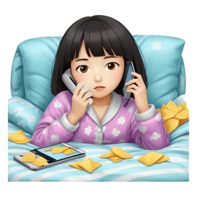 Cute East Asian girl, soft fair skin, straight bangs, messy inward bob. Wearing fluffy pajamas, lying on couch under blanket, holding chips and phone, expression blank and tired. sticker