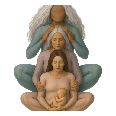 Variant: Several generations of women sitting one behind another as in the reference image, all wearing flesh-colored bodysuits. Realistic stylization with volumetric drawing, deep shadows and bright highlights, pastel palette including #98B5BC, #B5B3C1, #C9A3C9, #E4C0CA, #F7DCD1, #F7C0AA. Transparent background, no decoration. Composition and poses as in the reference. sticker