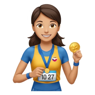 Beautiful brunette woman marathon runner receiving medal  sticker