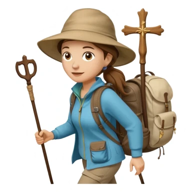 Middle aged women, long brown hair in ponytail with wide brim hiking hat. Walking with backpack and trekking poles. Backpack gas a scallop shell with the cross of saint james hanging from it. She is a pilgrim on the Camino Frances on her way to Santiago de Compostela sticker