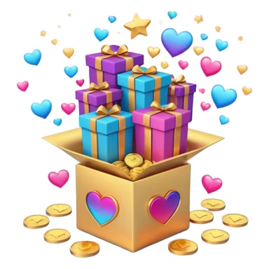 3D open gift box with Instagram logo, gold coins, hearts, stars, documents floating out, smiling human faces around, vibrant pink blue purple gradient, glossy modern style, premium marketing banner sticker