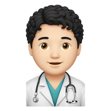 a young asian chubby male doctor with black long curly hair and cheerful face without gpasses sticker