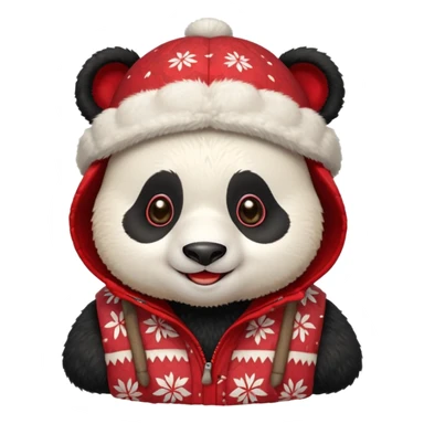 Photorealistic close-up of a cute, smiling panda wearing a red patterned winter trapper hat. Happy expression, cheerful vibe. Simple studio background. Detailed textures, sharp focus sticker