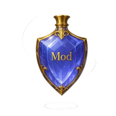 premium class crystal elixir bottle in shield shape, color #7986cb, with inscription 'Mod', lots of glow, edges, ornaments, golden details, magical effects, very small golden neck, transparent background, beautiful seamless base, bottle clearly floating in air, no base or shadow, very luxurious, modern, matching collection sticker