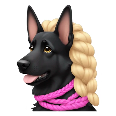 black german shepherd wearing a pink collar next to her owner who has blue eyes and sandy blonde hair in a single braid sticker