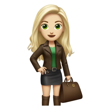 Realistic White woman with Long straight blonde hair and green eyes, dark Brown oversize leather jacket, mini skirt and Brown heeled leather boots, holding handbag sticker