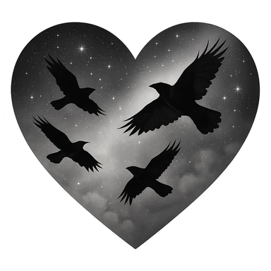  heart with white night sky and dark ravens, remove background sticker
