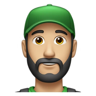 Man, thin face, dark brown long beard, up to his nose, protruding ears, green eyes, wearing black and red cap. sticker