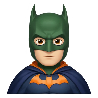 generate a batman emoji with just the face and neck showing and part of the cloak and and wings. Shade the bat logo on the chest in a medium green with a slight olive touch. Shade the mask in dark navy blue. Shade the cloak in a solid vibrant orange.

 sticker