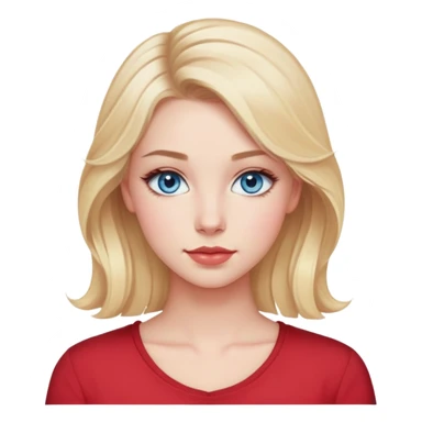 Make an emoji with a young blue-eyed blonde 20 years old. Hair slot on the right. Blue eyes. Breast size 2. Chubby lips. Long eyelashes. Hairstyle without bangs, loose slightly curly at the ends of the hair. Red shirt with neckline. Light makeup, but with blush sticker