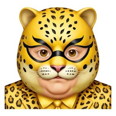 a fat old man, with a yellow suit,  wear half-face golden Leopard masquerade mask sticker