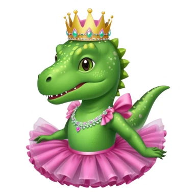 Trex wearing a tutu, tiara, and a pink glittery bow sticker