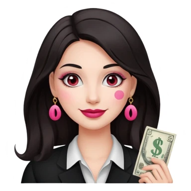 fair-skinned woman with dark hair, dollar sign ($) eyes, smiling, pink brush sticker