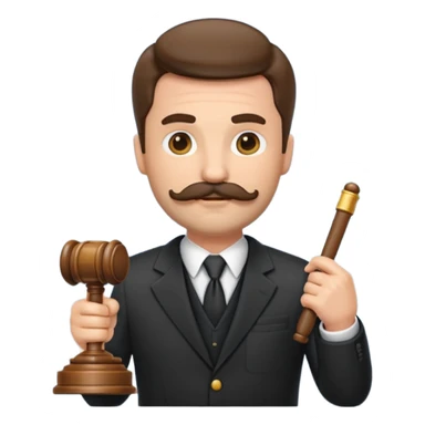 “Create a clean, modern emoji-style illustration of a male lawyer. He is wearing a formal suit jacket. He is holding a judge’s gavel in one hand and has a law book tucked under his arm. He has a mustache and a short beard, and sticker