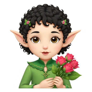 Tiny elf baby black curly hair with pointy ears, hold flowers sticker
