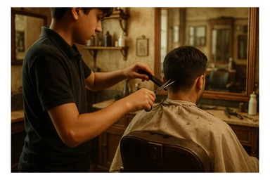 yuzi ko'rinmasin sartaroshxonada ishlayotganini tasvirlab ber mijozlarni sochini olayotganini o'smirin davrini sticker