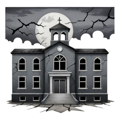 A broken/abandoned school with cracks and dust  with no back ground in an abandoned place with a blackish greyish sky  sticker