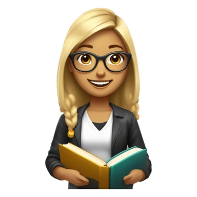 chica profesora joven rubia pelo largo liso con la raya al medio, sonriendo con libros en una mano, con gafas pequeñas color marrón redondas, vestida con camiseta color negro y con pendientes de aros grandes color dorado  sticker