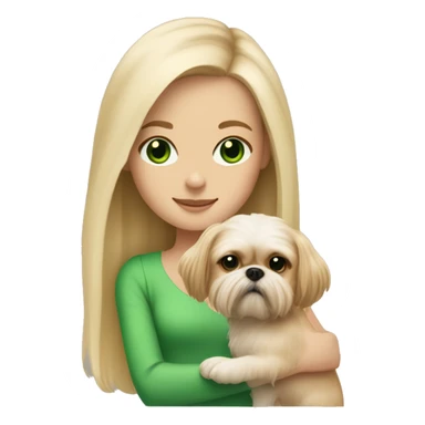 Girl with long blonde hair, freckles, and bright green eyes holding an all beige shih tzu dog  sticker