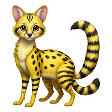 Lanky slender beautiful elegant spotted hype-realistic, black-maned, vibrant yellow Genet-Serval-Civet-fusion-hybrid-furry-fursona, full body, with a long puffy fluffy black-and-white-striped tail sticker
