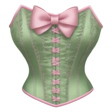 Sage green corset with flower embroidery and pink bows, isolated sticker