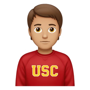 white man with brown hair in a red sweatshirt with USC in yellow letters sticker