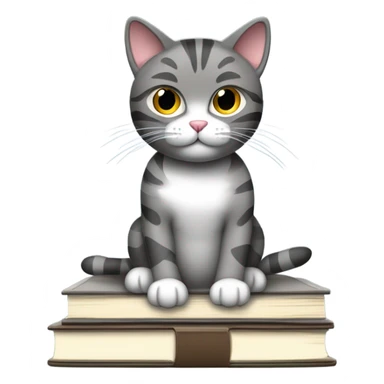 A minimalistic emoji-tstyle illustration of a dark grey tabby cat with white paws and chest, sitting on a stack of books and papers. The cat looks to the side with perked ears, and its tail extends slightly off the surface. The background is simple and neutral, with a hint of a window or curtain for context. sticker
