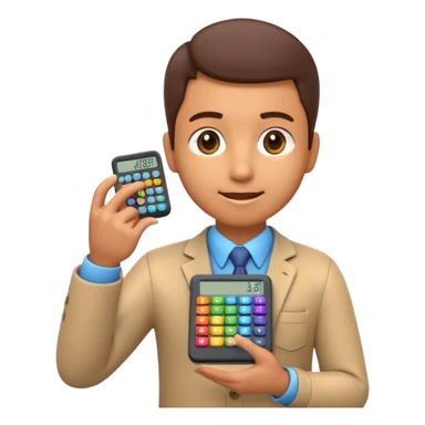 3D iPhone style emoji of a person using a calculator, finger pressing colorful buttons, digital display showing numbers, isolated on white background, soft shadows, high detail, playful and cute. sticker