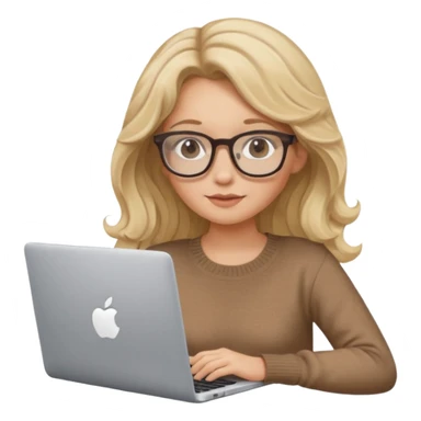 upper body view: blonde girl with dark blonde wavy hair, wearing pantos-style glasses and a brown sweater, sitting with a laptop, flat vector design, soft pastel colors, white background, Apple emoji style, upper body shot sticker