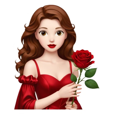 Still life render masterpiece, realistic appearance of Belle the Disney princess, from beauty and the beast, glamorous red silk gown. Holding a single highly realistic, red rose. Brown wavy hair, pale skin, red lips, looking at her prince beside her.  sticker