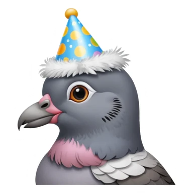 A pigeon wearing a birthday hat sticker