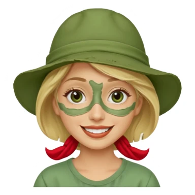 messy green clay mask and red tourist hat blond braided woman big eyes smiling and clay mask on face sticker