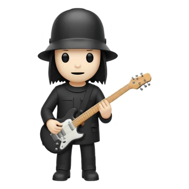 Minimalist chibi emoji of Buckethead: tiny body, oversized bucket helmet, simple black clothes, holding a guitar, spooky-cool but adorable sticker