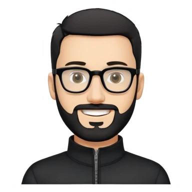 Fair-skinned man with very short buzzed black hair, short distinctly salt and pepper beard, large black-framed glasses, smiling, wearing black long sleeve quarter-zip shirt with visible zipper at collar sticker