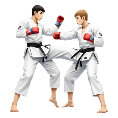 Two taekwondo fighters in traditional white doboks with black belts compete in a dynamic match. One delivers a high kick, while the other blocks using their knee. The background features a professional arena with bright lights and spectators. Transparent background. sticker
