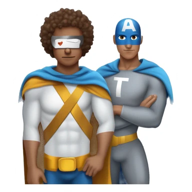 curly brown hair man and pigeon man with letter 'T' on the chest crossover as superhero. superpower = design sticker