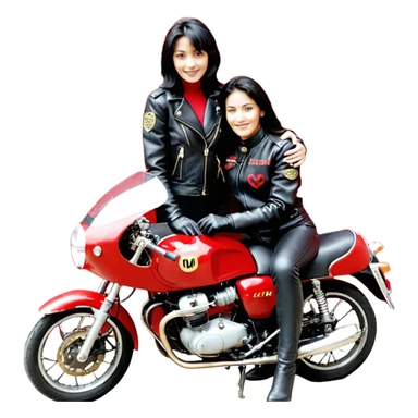 Crie um motoqueiro de jaqueta preta junto com uma mulher de jaqueta preta com um símbolo de um coração vermelho com chama vermelha e letras HL escrito em dourado dentro do coração vermelho, a mulher abraçado ao motoqueiro os dois de costas na moto Harley Davidson vermelha  sticker