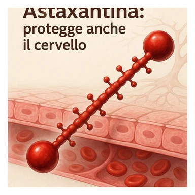 hyper realistic red astaxanthin molecule crossing a stylized representation of the blood-brain barrier, scientific atmosphere, light background, with Italian text 'Astaxantina: protegge anche il cervello' sticker