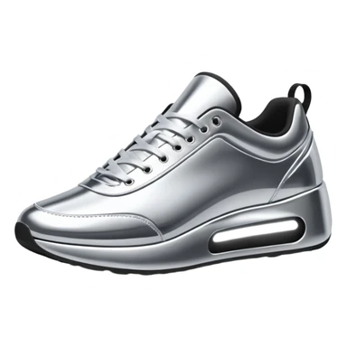 A pair of futuristic sneakers emoji made of silver chrome, sleek streetwear design, smooth metallic panels, subtle reflections, luxury swag aesthetic, iOS emoji style, centered, clean white background sticker